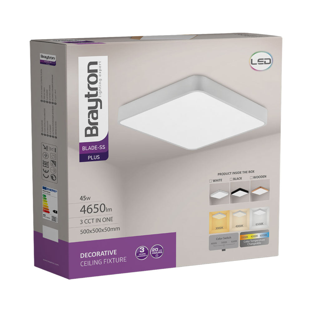 Luminária de Teto Braytron Blade Quadrada 45W Madeira com Controle Remoto | Iluminação Regulável