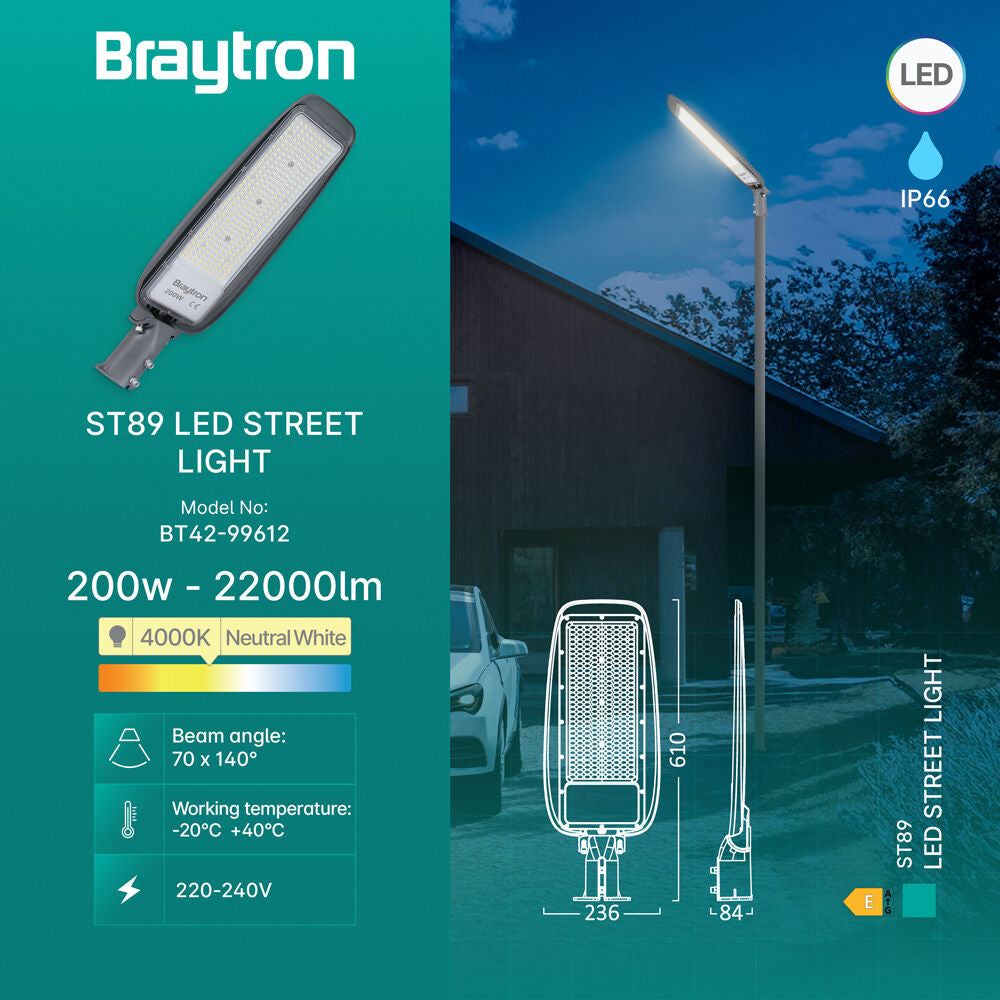 Luminária LED Braytron ST89 200W 4000K IP66 | Iluminação Pública à Prova d'Água