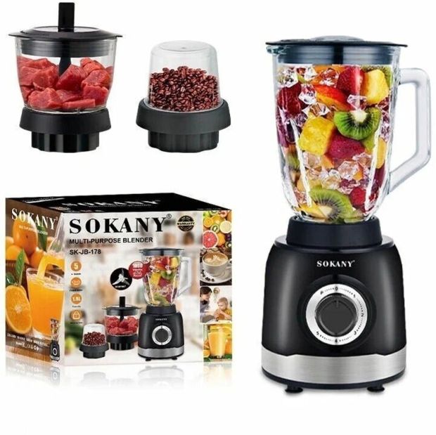 Sokany SK-JB-178 Liquidificador + Moedor 2 em 1 - Processador de alimentos multifuncional com potência de 1000 W e lâmina de aço inoxidável