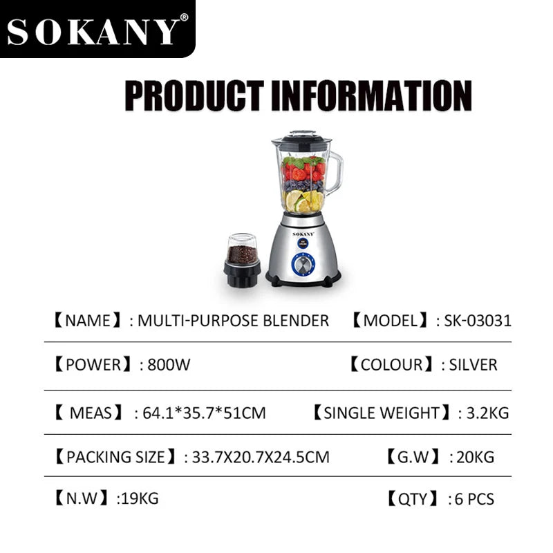 Liquidificador multiuso SOKANY SK-03031 800W com 5 velocidades <000000> Copo de vidro de 1,5L