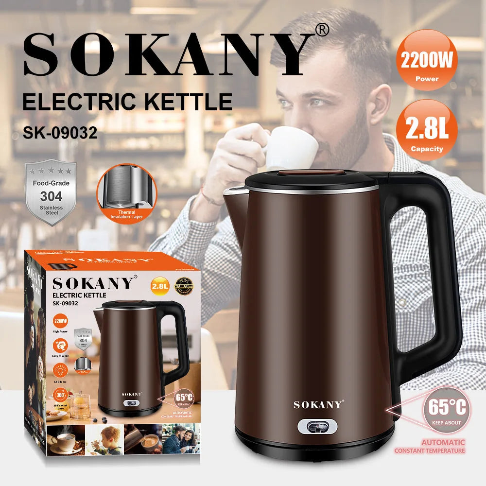 Chaleira elétrica SOKANY SK-09032 com potência de 2200 W e capacidade de 2,8L