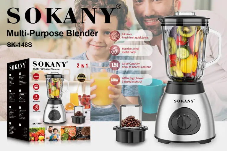 Liquidificador espremedor SOKANY SK-148S com 3 velocidades e corpo em aço inoxidável