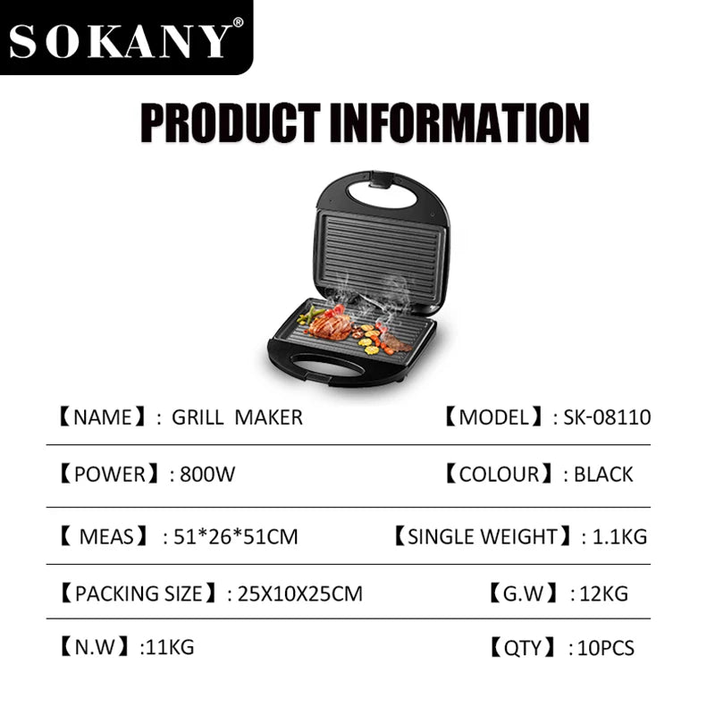Sokany SK-08110 800W Grill Maker com revestimento antiaderente e corpo plástico resistente ao calor