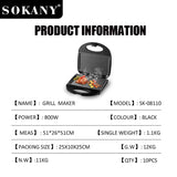 Sokany SK-08110 800W Grill Maker com revestimento antiaderente e corpo plástico resistente ao calor