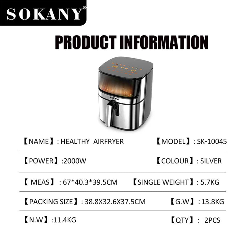 Sokany SK-10045 Frita de ar 2000W com timer de 60 minutos e proteção de superaquecimento
