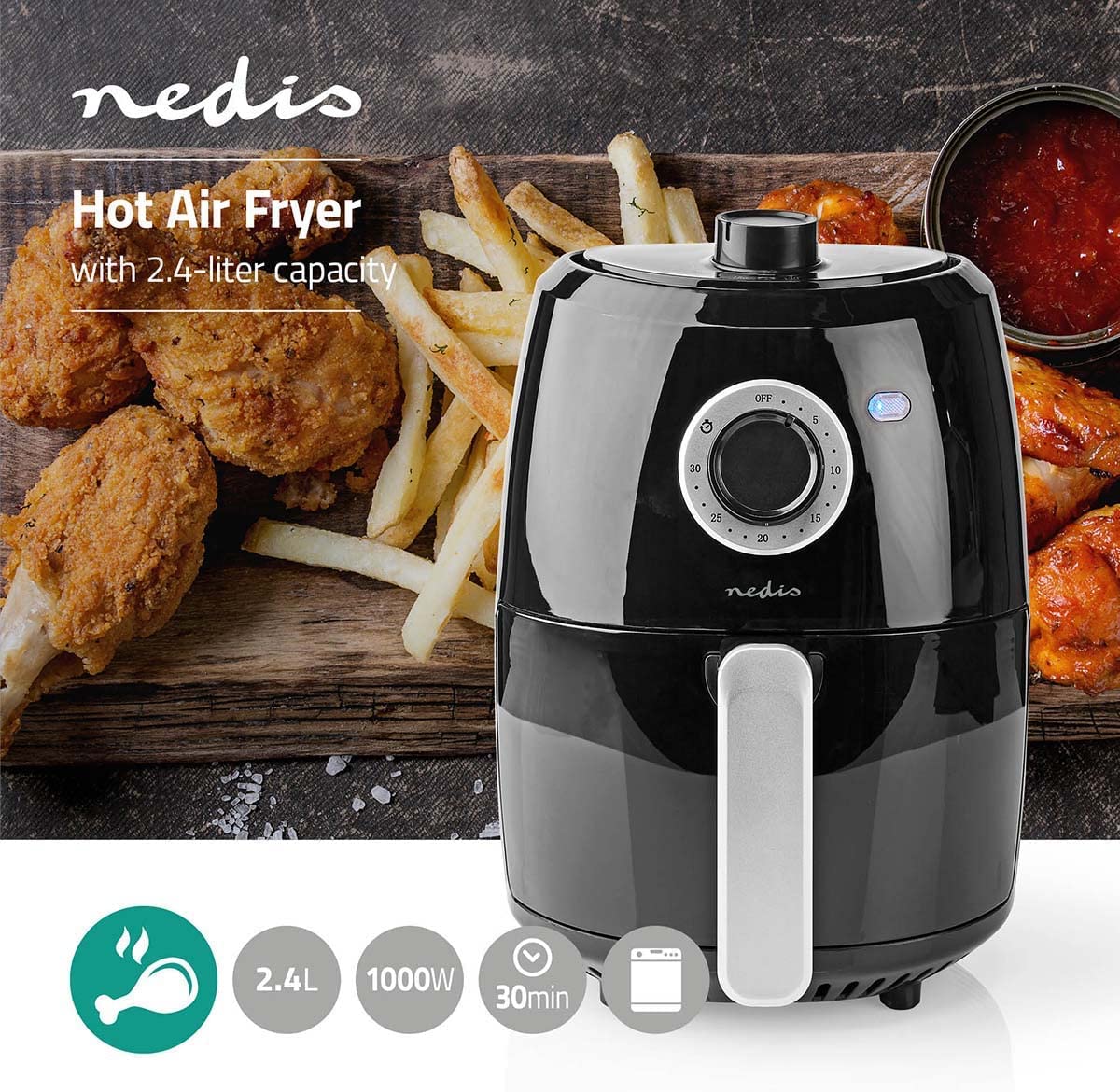 NEDIS KAAF120FBK Fritadeira de Ar Quente | 2,4 litros | Temporizador: 30 min | Analógico | Preto / Alumínio