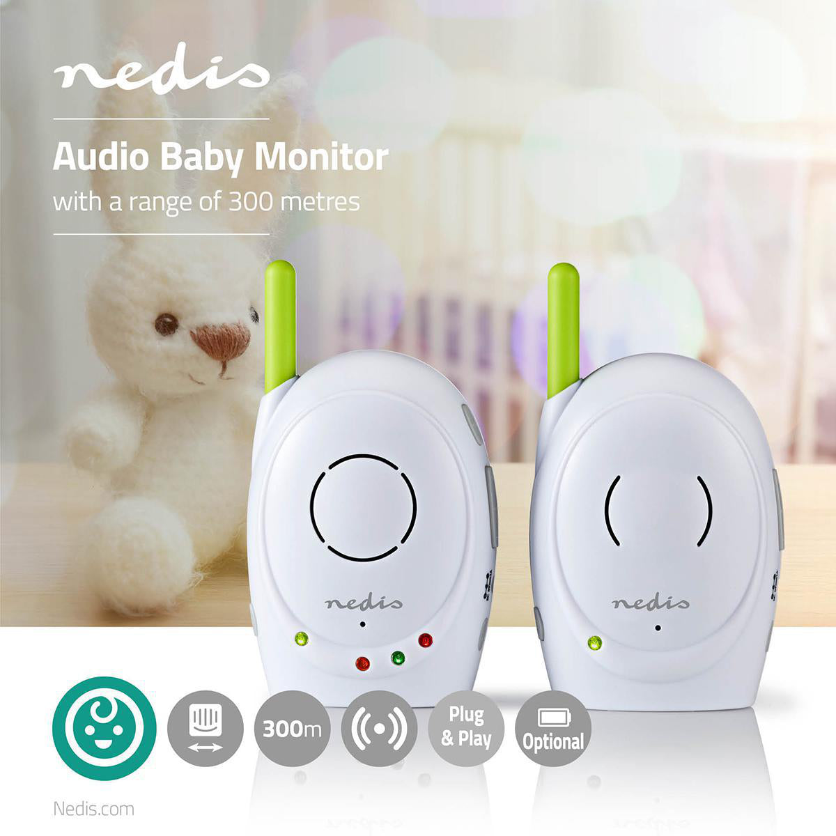 Monitor sem fios para bebé "Monitor sem fios para bebé Nedis Com função de conversa de volta | Alcance: 300 m | Branco Verde Nedis Com função de conversa de volta  | Alcance: 300 m | Branco Verde