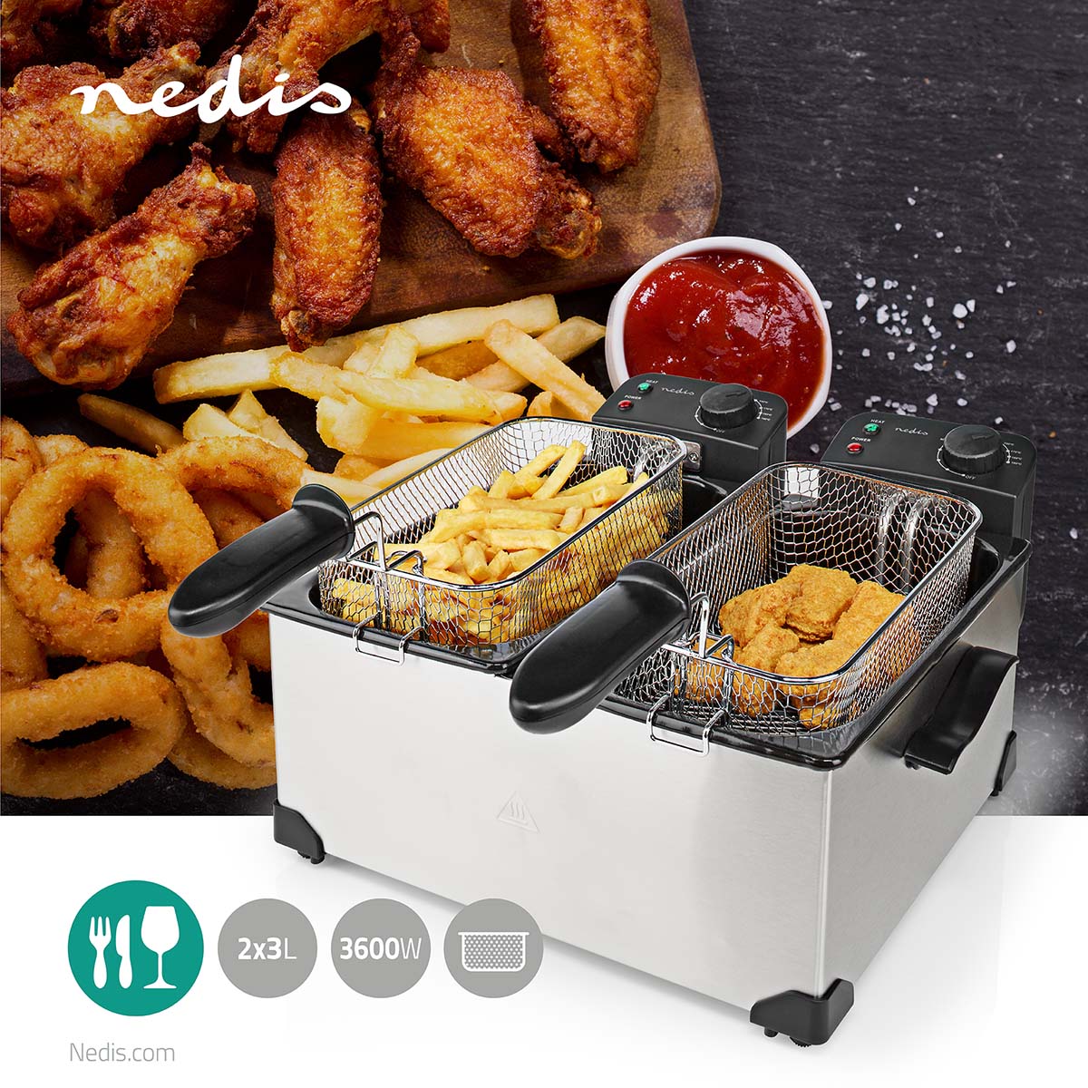 Fritadeira de óleo|Capacidade:2x3L|3600 W|90º a 190º| Aluminio