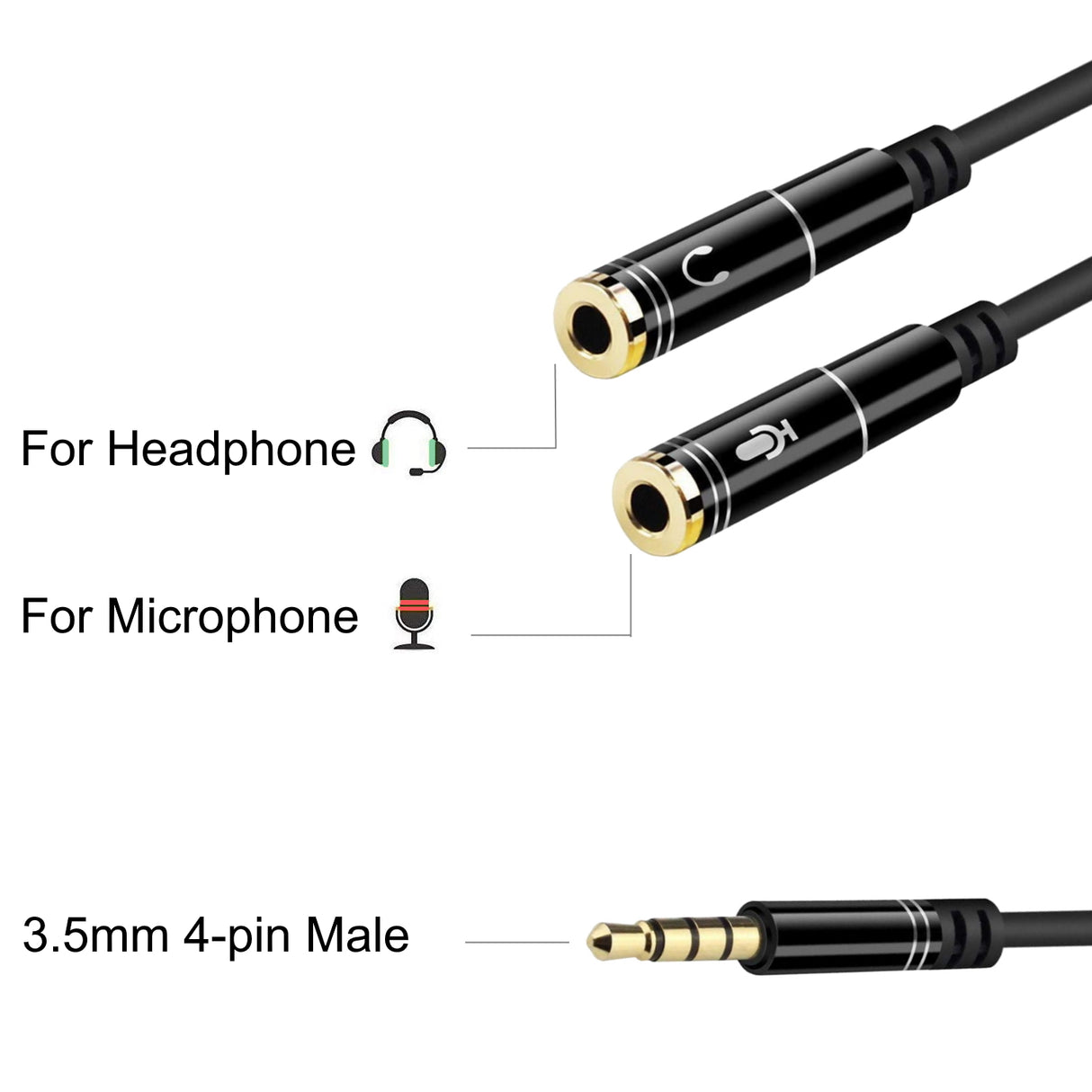 Cabo adaptador de áudio Jack 3,5 / M 4 pinos - 2xJack 3,5 / H 3 pinos, preto, 0.30m